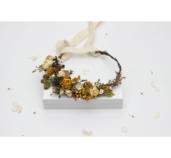 Wedding Flower Crown in Mustard, Gold, Ivory and Yellow