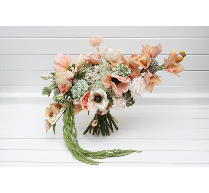 Asymmetrical Bridal Bouquet in Peach, Blush Pink & Sage Green
