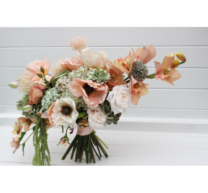 Asymmetrical Bridal Bouquet in Peach, Blush Pink & Sage Green