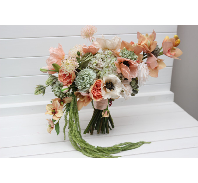 Asymmetrical Bridal Bouquet in Peach, Blush Pink & Sage Green