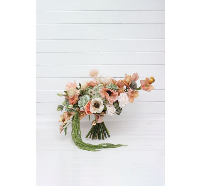 Asymmetrical Bridal Bouquet in Peach, Blush Pink & Sage Green