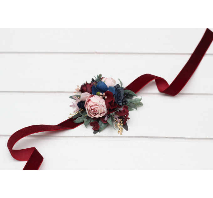 Burgundy, Navy Blue, Gold & Pink Wedding Boutonnieres and Wrist Corsages – Faux Floral Accessories