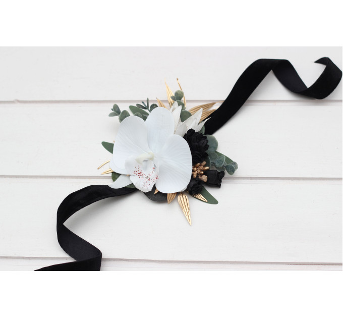 Wedding Boutonnieres & Wrist Corsage in Black, Gold & White | Faux Flower Accessories
