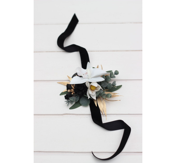 Wedding Boutonnieres & Wrist Corsage in Black, Gold & White | Faux Flower Accessories