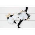 Wedding Boutonnieres & Wrist Corsage in Black, Gold & White | Faux Flower Accessories