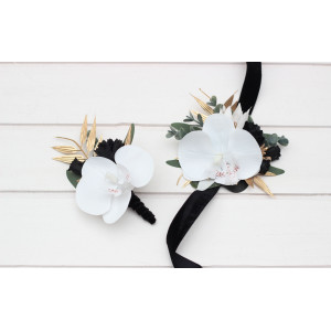  Wedding boutonnieres and wrist corsage  in black gold white color scheme. Flower accessories. 5065