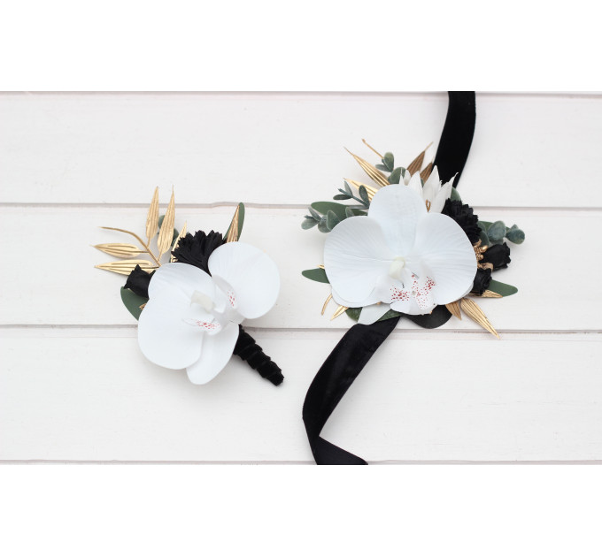 Wedding Boutonnieres & Wrist Corsage in Black, Gold & White | Faux Flower Accessories