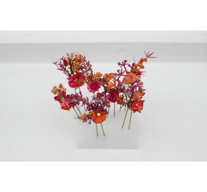 Set of 7 Orange & Magenta Floral Hair Pins for Bridal Hairstyles