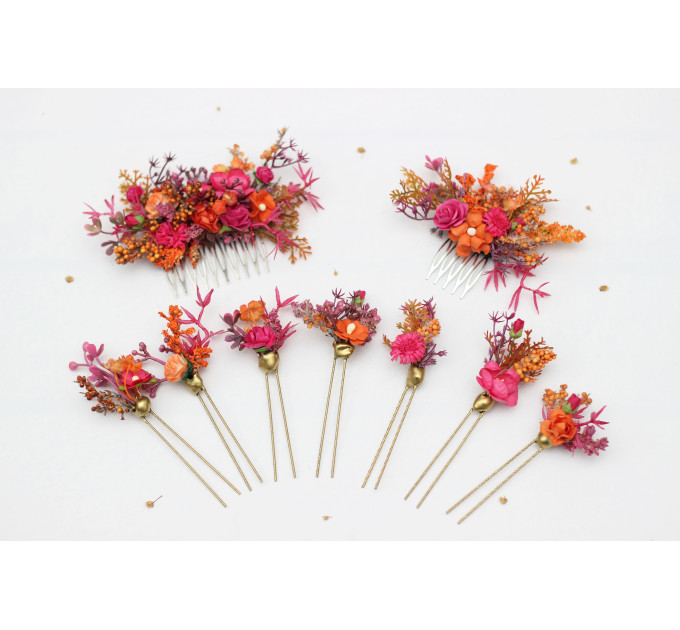 Orange & Magenta Floral Hair Combs for Wedding Hairstyles