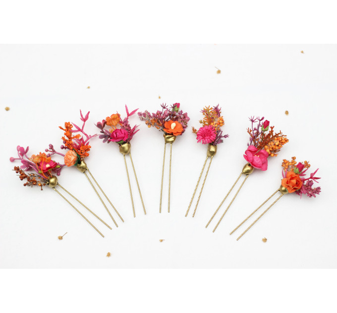 Set of 7 Orange & Magenta Floral Hair Pins for Bridal Hairstyles