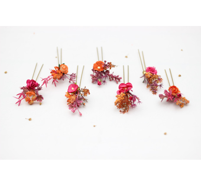 Set of 7 Orange & Magenta Floral Hair Pins for Bridal Hairstyles