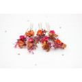 Set of 7 Orange & Magenta Floral Hair Pins for Bridal Hairstyles