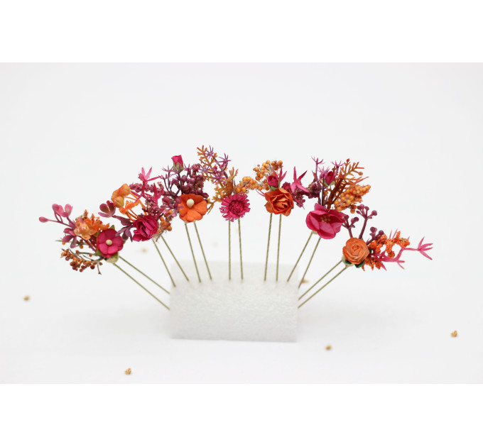 Set of 7 Orange & Magenta Floral Hair Pins for Bridal Hairstyles