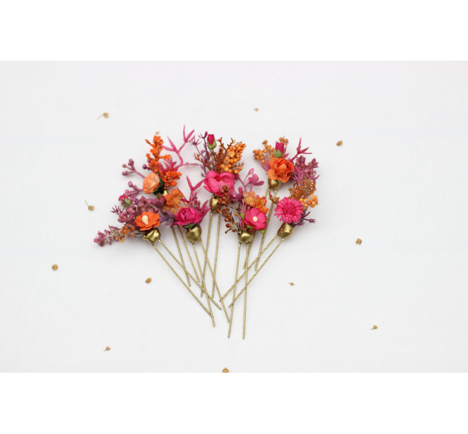 Set of 7 Orange & Magenta Floral Hair Pins for Bridal Hairstyles