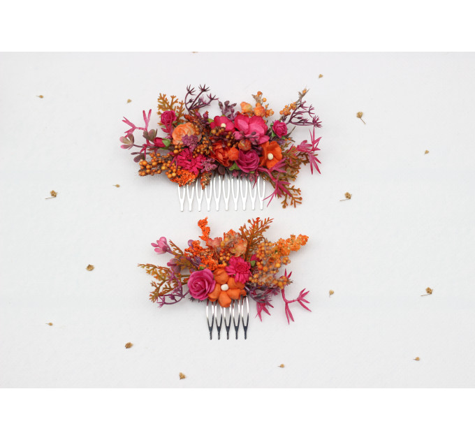 Orange & Magenta Floral Hair Combs for Wedding Hairstyles