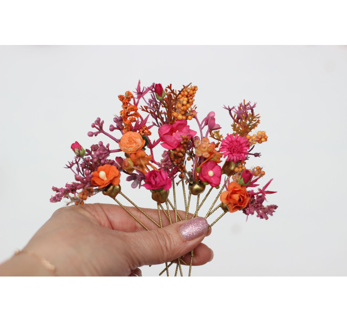 Set of 7 Orange & Magenta Floral Hair Pins for Bridal Hairstyles