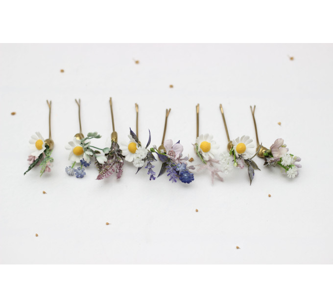 Set of 8 Daisy & Lavender Floral Hair Pins for Bridal Wildflower Style