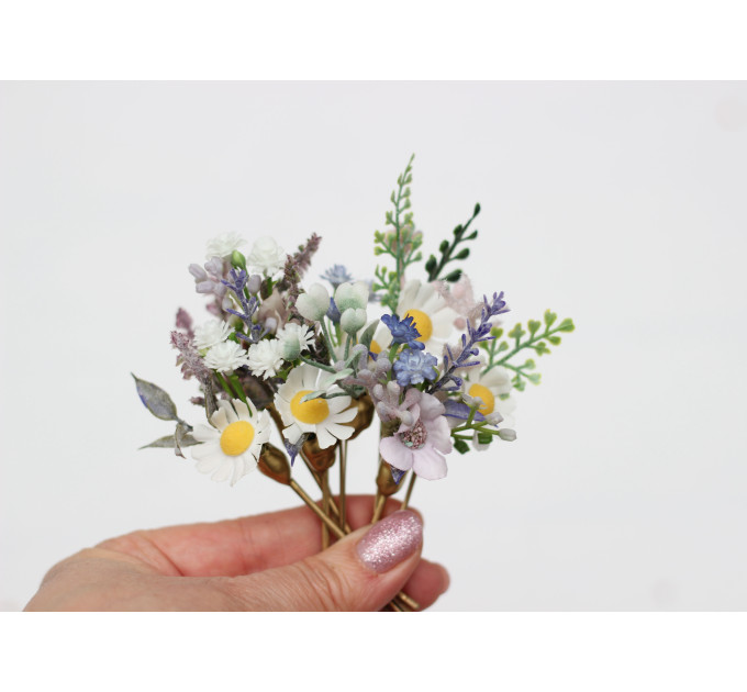 Set of 8 Daisy & Lavender Floral Hair Pins for Bridal Wildflower Style
