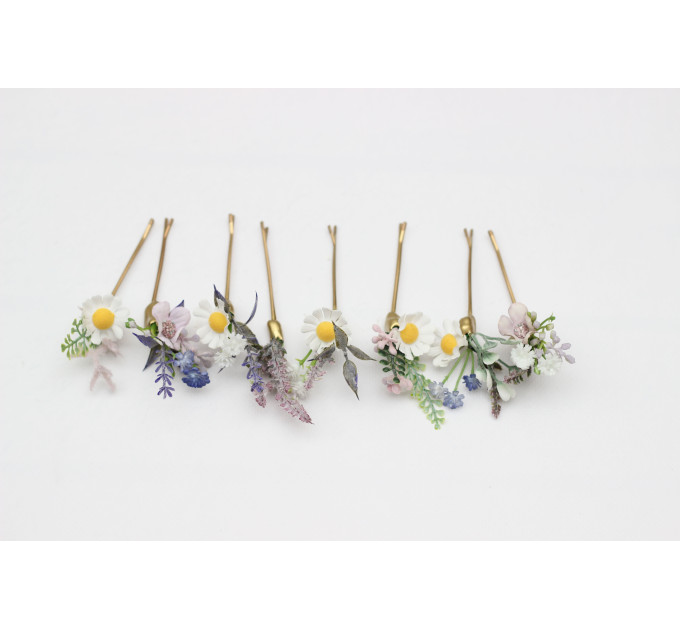 Set of 8 Daisy & Lavender Floral Hair Pins for Bridal Wildflower Style