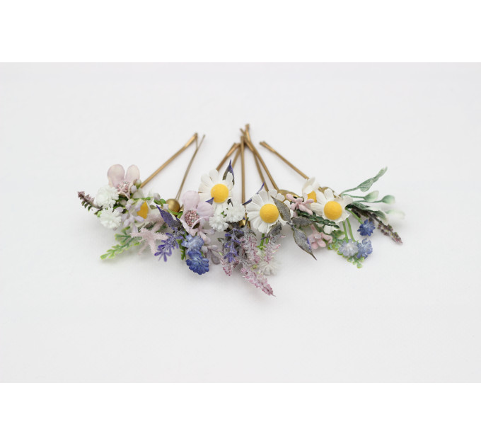 Set of 8 Daisy & Lavender Floral Hair Pins for Bridal Wildflower Style