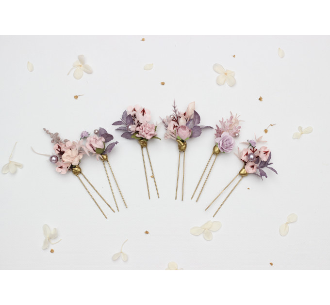 Set of 6 Lilac & Blush Pink Floral Hair Pins for Bridal Hairstyles