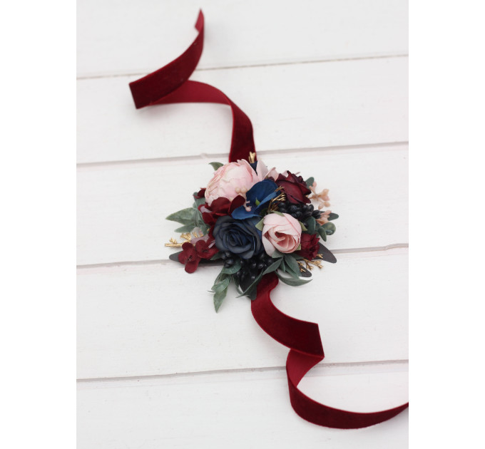 Burgundy, Navy Blue, Gold & Pink Wedding Boutonnieres and Wrist Corsages – Faux Floral Accessories