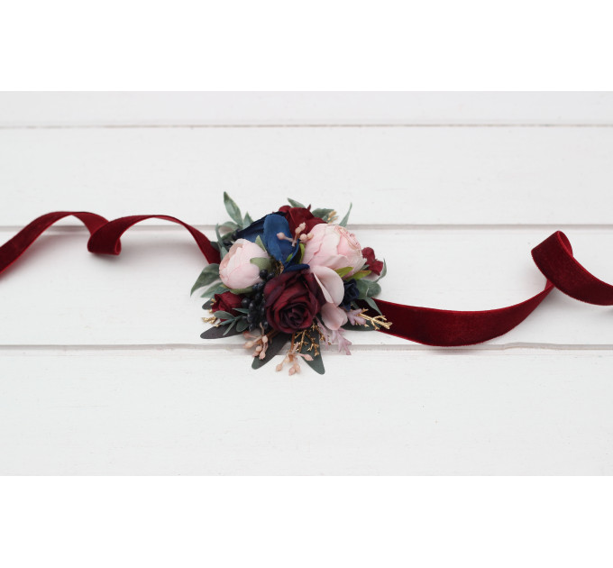 Burgundy, Navy Blue, Gold & Pink Wedding Boutonnieres and Wrist Corsages – Faux Floral Accessories