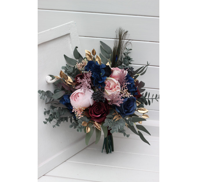 Wedding Bouquets in Burgundy, Navy Blue, Gold & Pink | Cascading Faux Bridal & Bridesmaid Bouquets with Peacock Feathers