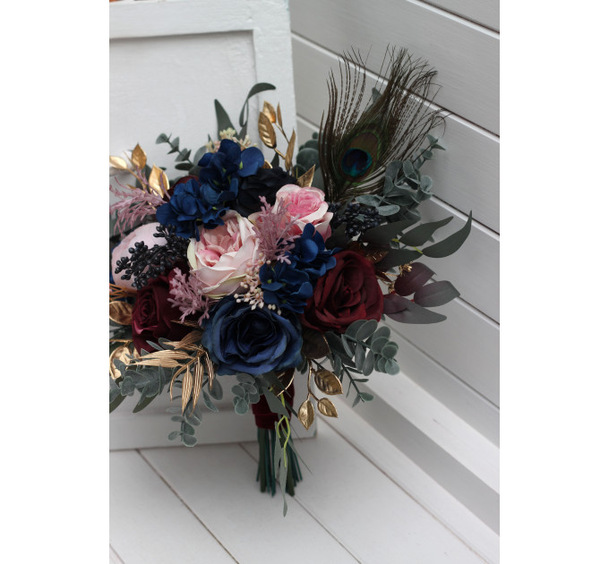 Wedding Bouquets in Burgundy, Navy Blue, Gold & Pink | Cascading Faux Bridal & Bridesmaid Bouquets with Peacock Feathers