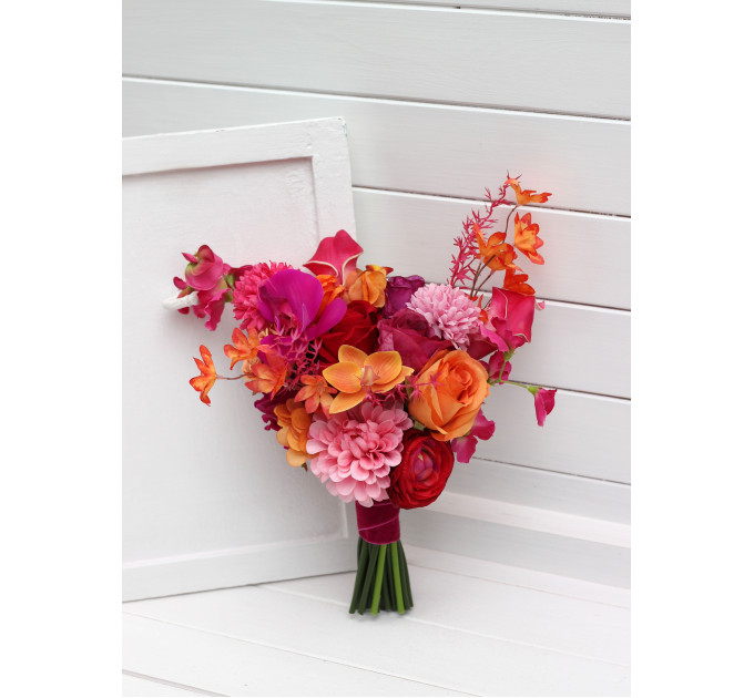 Alternative Diagonal Bridal Bouquet in Orange, Magenta and Pink, Red