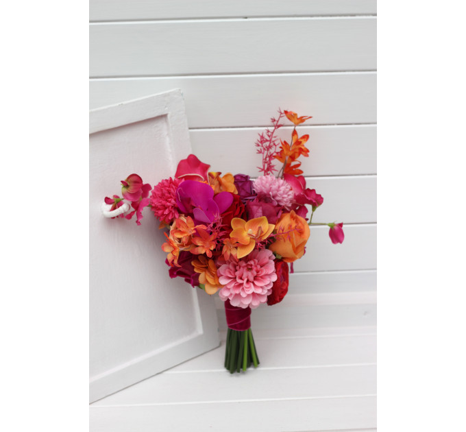 Alternative Diagonal Bridal Bouquet in Orange, Magenta and Pink, Red