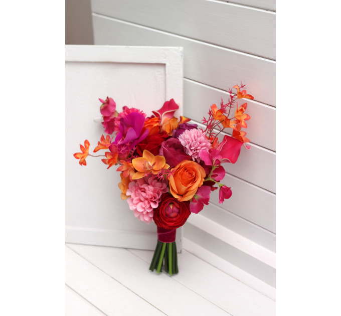 Alternative Diagonal Bridal Bouquet in Orange, Magenta and Pink, Red