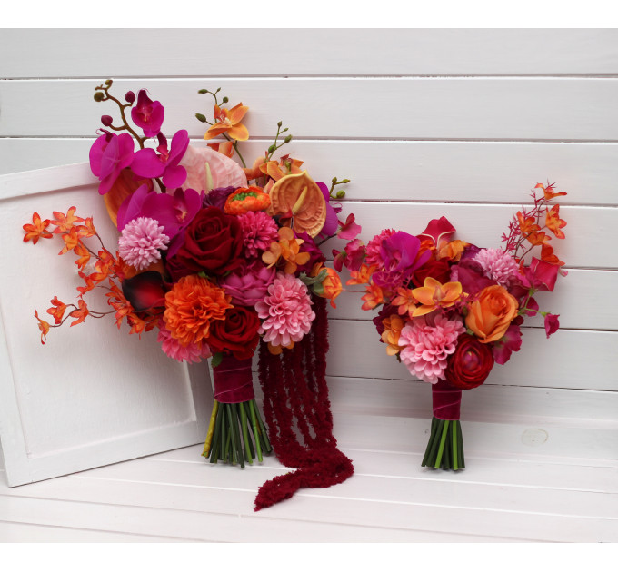 Alternative Diagonal Bridal Bouquet in Orange, Magenta and Pink, Red