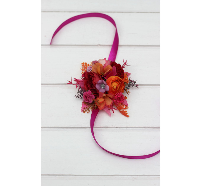 Orange, Magenta, Pink & Red Floral Wrist Corsage for Weddings