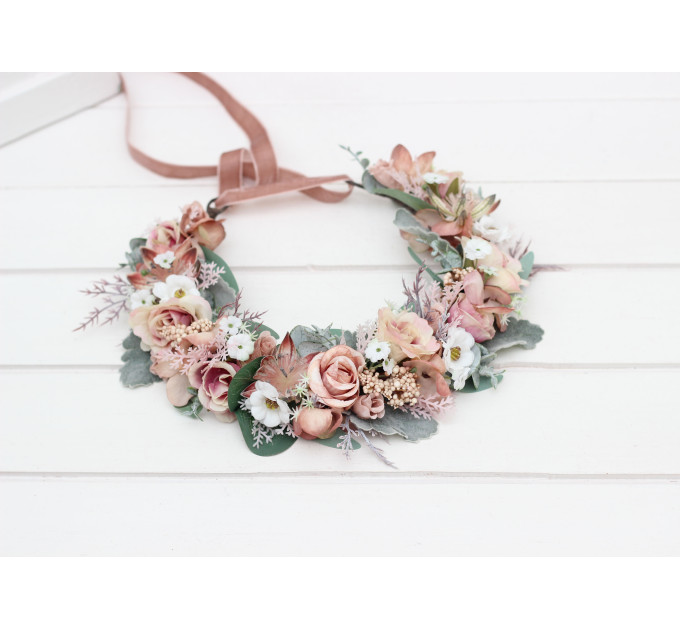 Blush Pink, Sage Green & White Floral Crown for Wedding Hairstyles