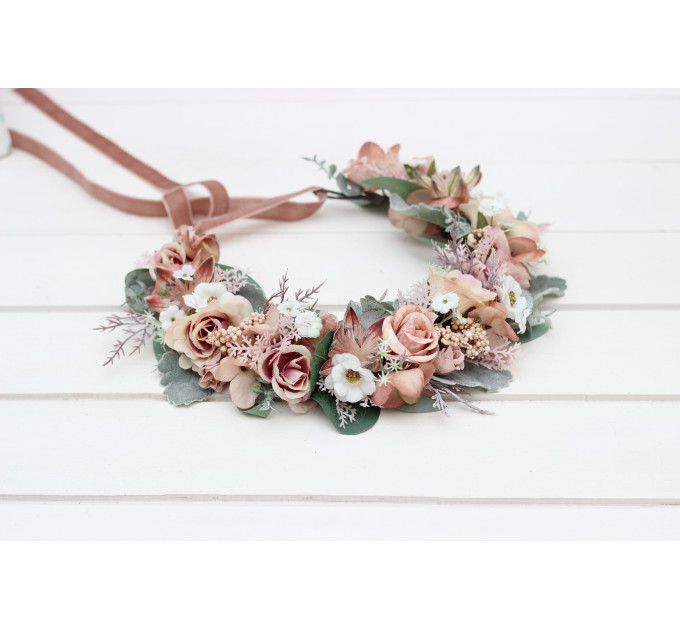 Blush Pink, Sage Green & White Floral Crown for Wedding Hairstyles