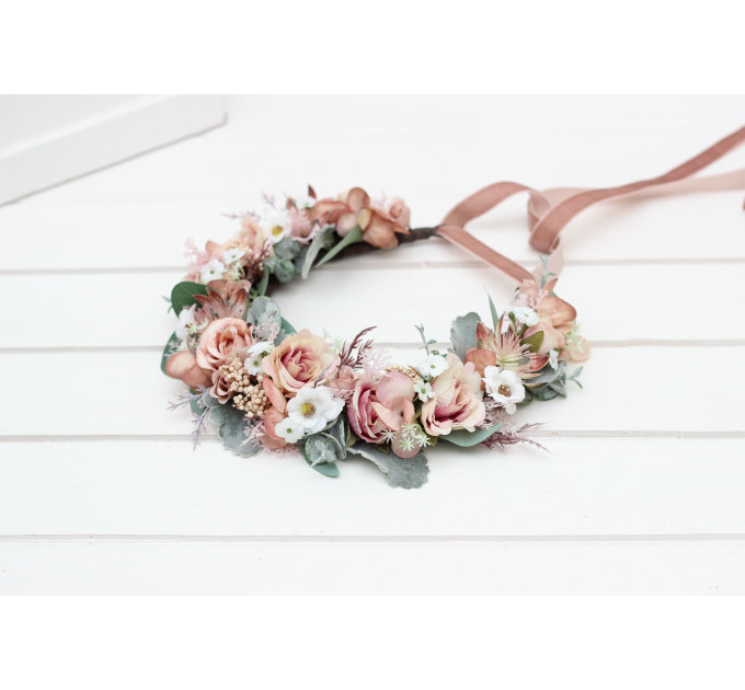 Blush Pink, Sage Green & White Floral Crown for Wedding Hairstyles