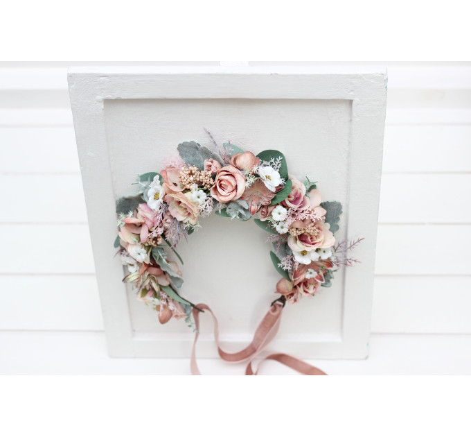 Blush Pink, Sage Green & White Floral Crown for Wedding Hairstyles