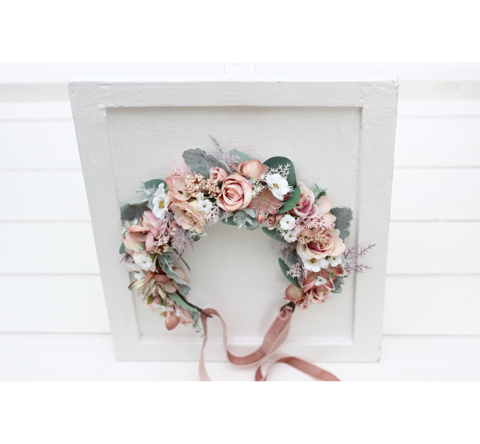 Blush Pink, Sage Green & White Floral Crown for Wedding Hairstyles