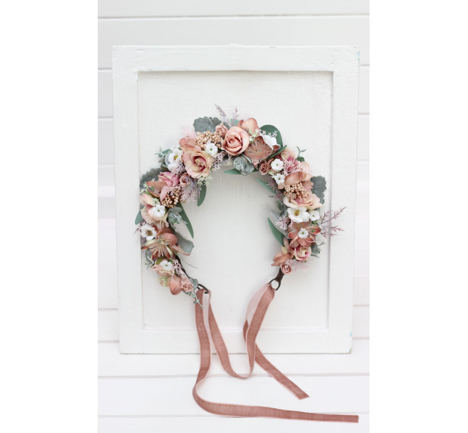 Blush Pink, Sage Green & White Floral Crown for Wedding Hairstyles