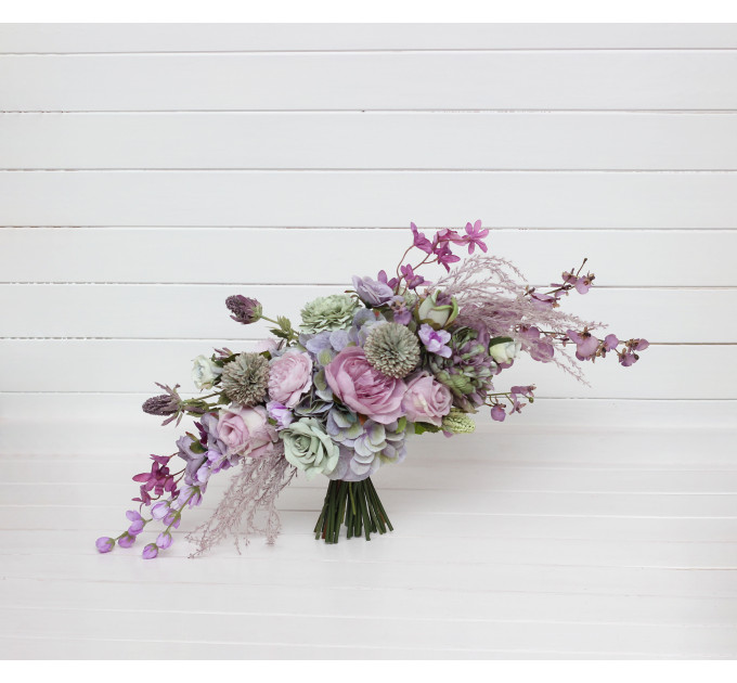 Asymmetrical Bridal Bouquet in Sage Green, Lilac & Lavender Pastel Tones
