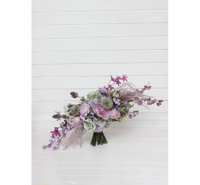 Asymmetrical Bridal Bouquet in Sage Green, Lilac & Lavender Pastel Tones