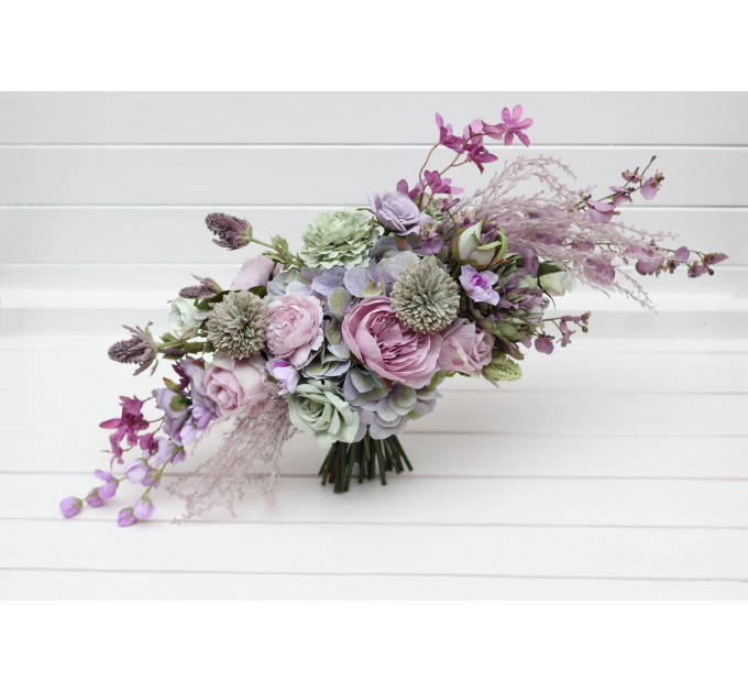 Asymmetrical Bridal Bouquet in Sage Green, Lilac & Lavender Pastel Tones