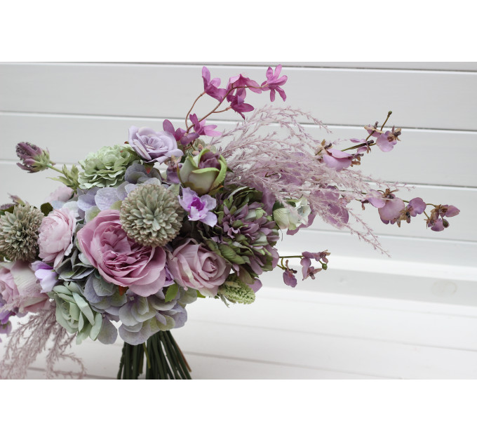 Asymmetrical Bridal Bouquet in Sage Green, Lilac & Lavender Pastel Tones