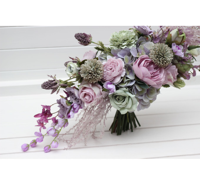 Asymmetrical Bridal Bouquet in Sage Green, Lilac & Lavender Pastel Tones