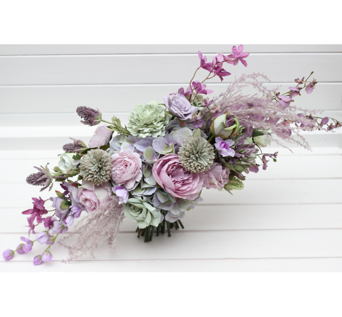 Asymmetrical Bridal Bouquet in Sage Green, Lilac & Lavender Pastel Tones