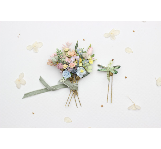Pastel Wildflower Hair Pins with Dragonfly Accent for Bridal Hairstyles