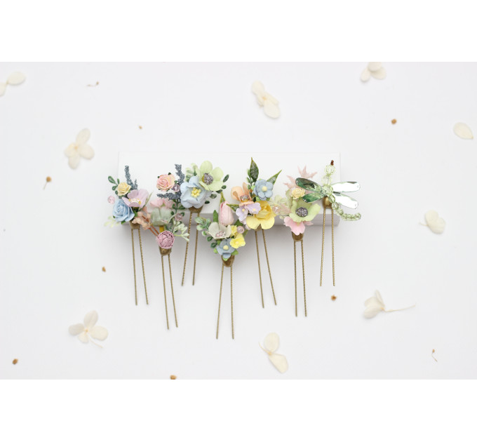 Pastel Wildflower Hair Pins with Dragonfly Accent for Bridal Hairstyles