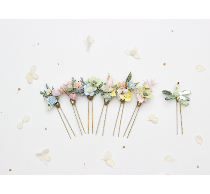 Pastel Wildflower Hair Pins with Dragonfly Accent for Bridal Hairstyles