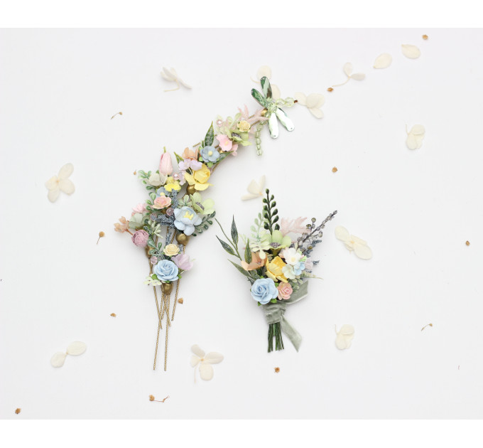 Pastel Wildflower Hair Pins with Dragonfly Accent for Bridal Hairstyles